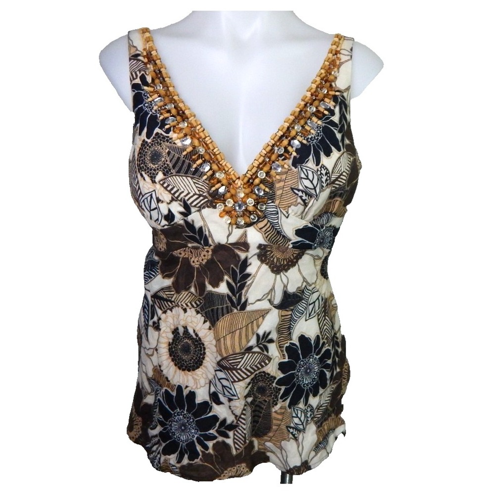 Cache Top Vintage Y2K Floral Babydoll Beaded Boho Linen Bling Fairy